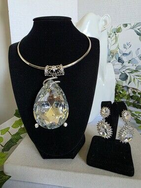 Statement Silver Choker Necklace with Large CZ Teardrop Pendant and Earrings Set